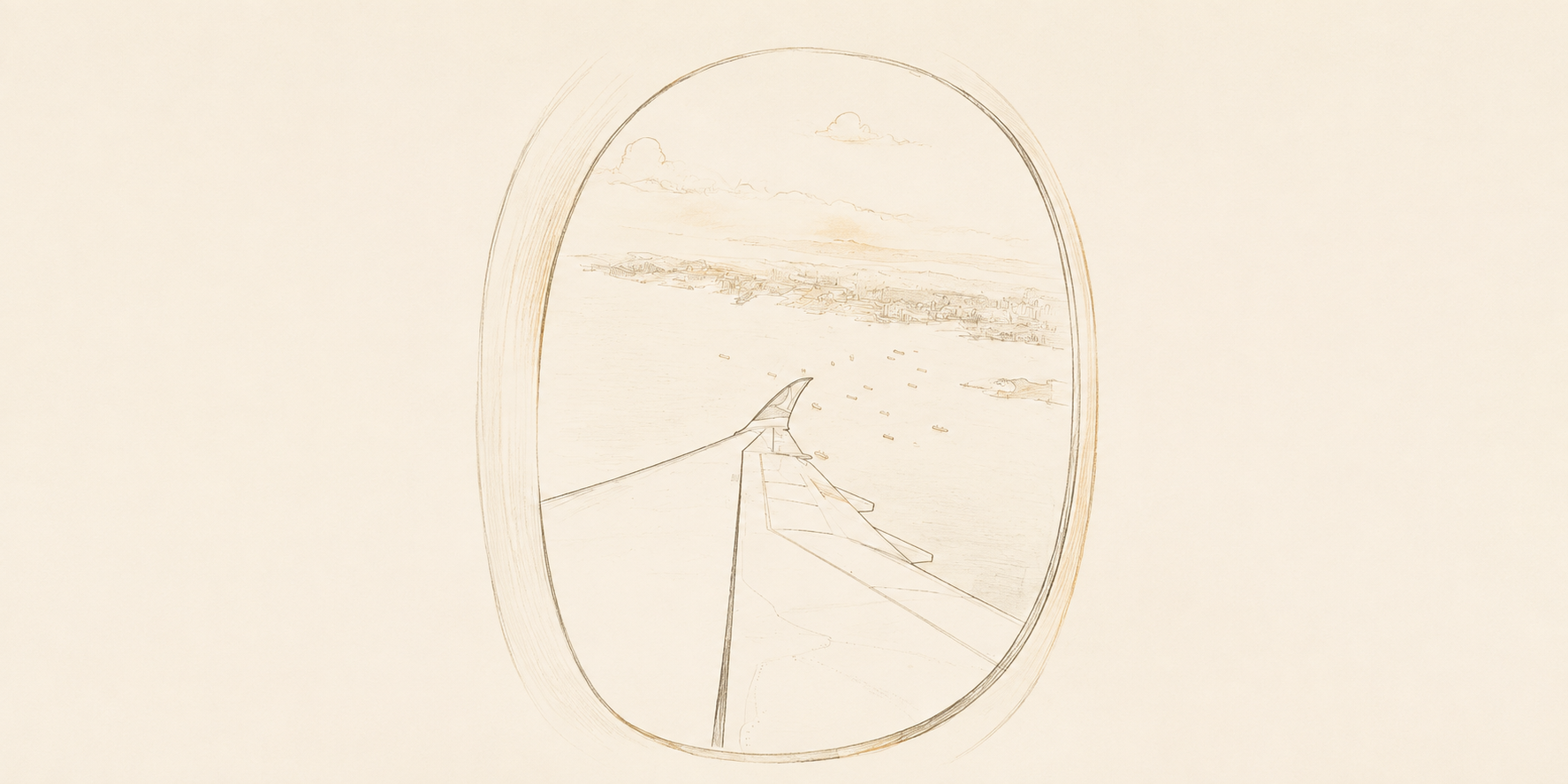 Warm brown hand-drawn outlines of an airplane window, wing, and the Singapore Strait